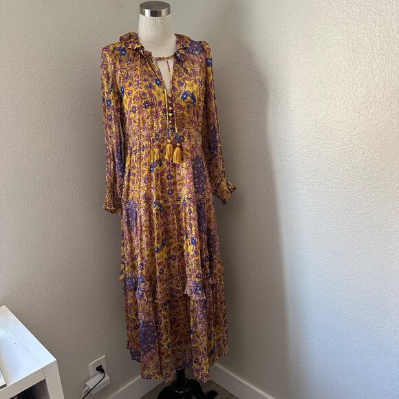 Anthropologie Slip Chiffon Maxi Dress Dorset Button Ruffle Tassel Smocked Gold S - Picture 2 of 15